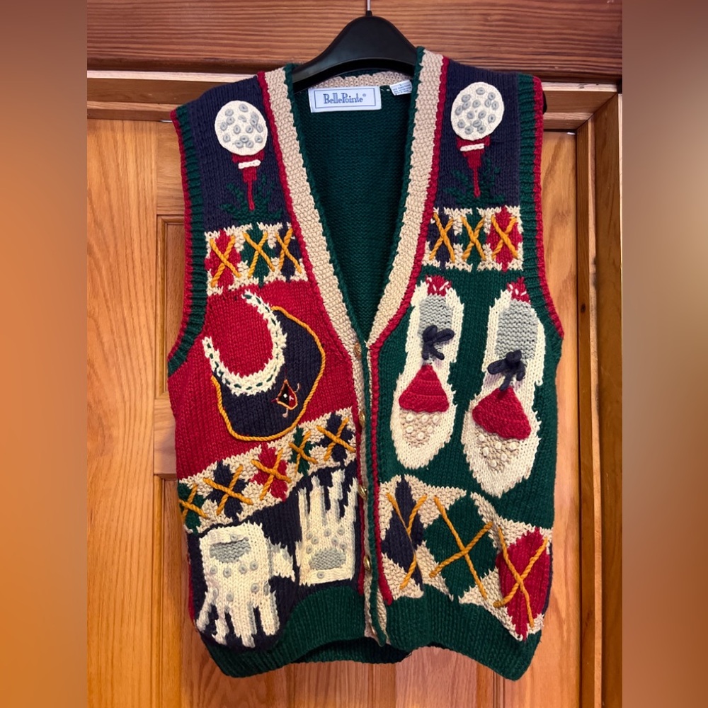 Vintage Belle Pointe Cardigan Knit Sweater Golf Vest Large L Novelty